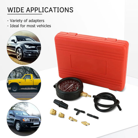Acymner vacuum and fuel pump tester gauge kit in red carrying case with gauge, hose, and brass adapters