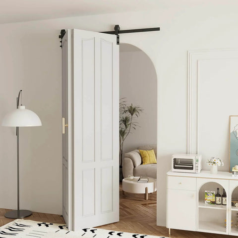 52 Inch Bi Folding Barn Door Hardware Kit For Two Doors With Low Ceiling Lite Roller System Installed in Living Room Entry