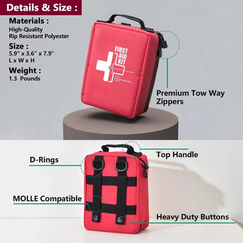 Compact Pro Trauma First Aid Kit With Labeled Compartments And Molle System, features D-rings, top handle, and premium zippers.