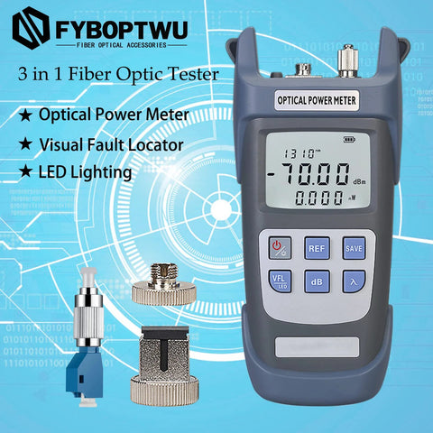 FYBOPTWU blue 3-in-1 fiber optic tester: portable optical power meter with VFL 1mW locator and LED; FC/SC/ST adapters