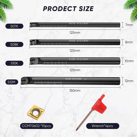 Lathe Boring Bar Set Pro Grade 4 Holder SCLCR06 95 Degree S07K S08K S10K S12M With 10 CCMT0602 Carbide Inserts And 4 Wrenches