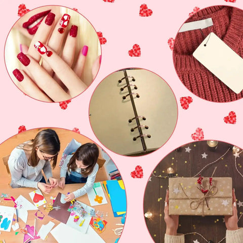 Five Pack Handheld Hole Punch Set With Metal Punches in circle heart star shapes for DIY crafts, greeting cards, and scrapbooks.