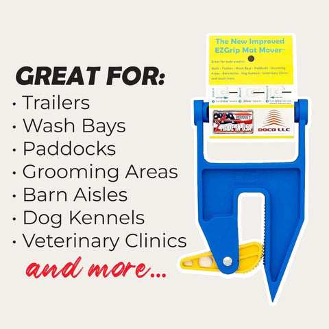 Stall Mat Movers For Heavy Mats With Spring Lever Adjustable Grip Made In USA showing product and usage areas list