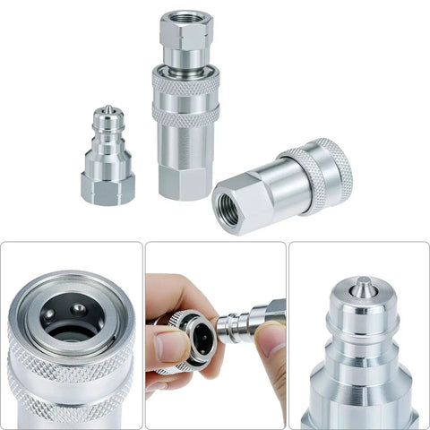 Rugged 1/4 Inch Hydraulic Quick Connect Coupler Set With Dust Caps, 3600 PSI Rating, Hardened Steel Poppet Valve, close-up view