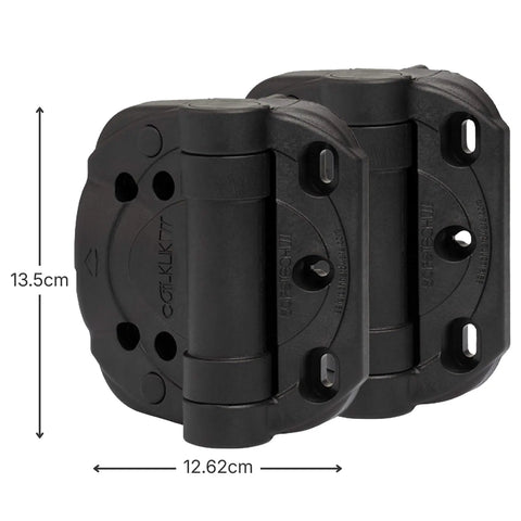 Heavy Duty Self Closing Gate Hinges With Adjustable Tension Springs For Square Post Vinyl PVC And Wood Pool Safety Hinge Built To Last With Swing Close 185 Pound Rating SHC135 Black Safetech, front view with measurements
