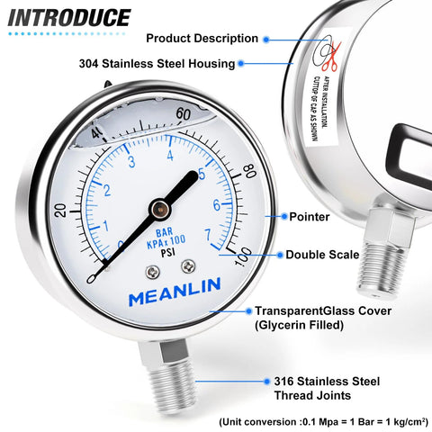 MEANLIN 0–100 psi liquid-filled pressure gauge, 2.5 inch dial, stainless steel housing with 1/4" NPT joint