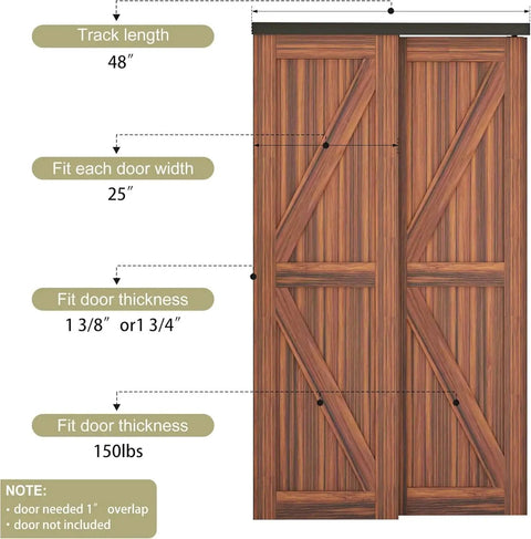 Heavy Duty Double Bypass Sliding Closet Door Track Kit Hardware For 48 Inch Pocket Door Rail Set Aluminum Alloy Black Finish