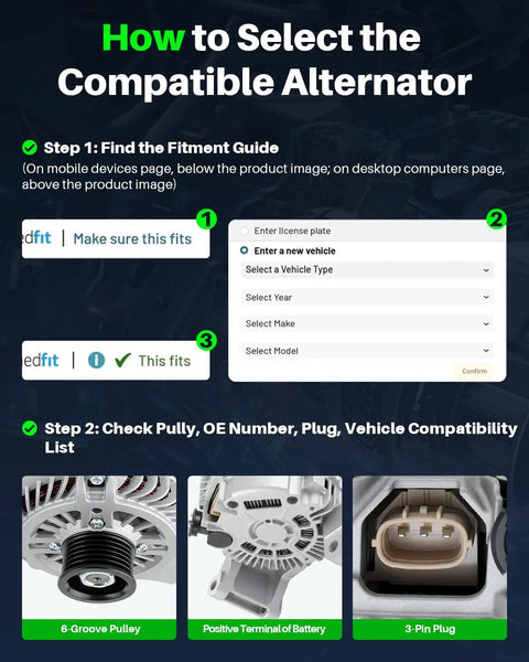 Guide on selecting a compatible alternator showing steps, including checking 6-groove pulley, OE numbers, and connectors.