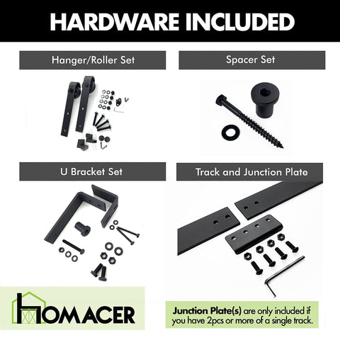 Black Rustic Double Track U Shape Bypass Sliding Barn Door Hardware Kit For Two Doors 14ft Flat Track With Flower Roller Design components shown.