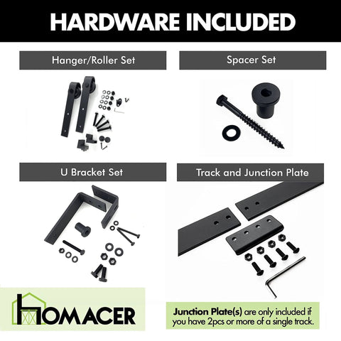 Hardware components for Rustic Black Bypass Sliding Barn Door Hardware Kit for Double Doors 4 Ft Flat Track With U Shape Brackets.