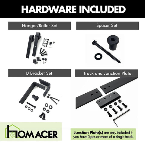 Black Rustic Double Track U Shape Bypass Sliding Barn Door Hardware Kit, hangers, spacers, brackets, and track components included.