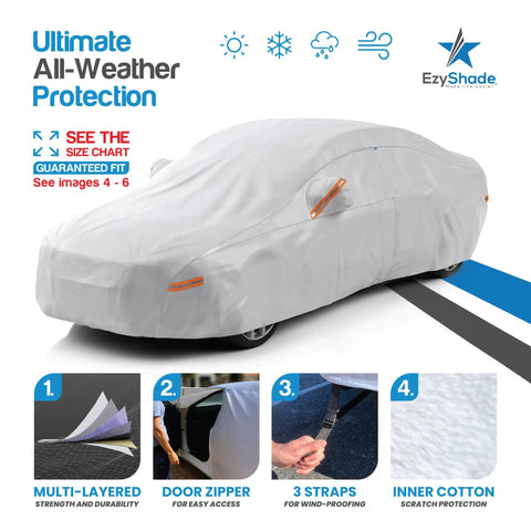 All Weather 10 Layer Waterproof Car Cover For SUVs And Sedans With Size Chart Fit Guaranteed See Vehicle Size A4 Full Exterior Coverage For Winter Rain Sun And Snow EzyShade, shown on a grey sedan exterior.