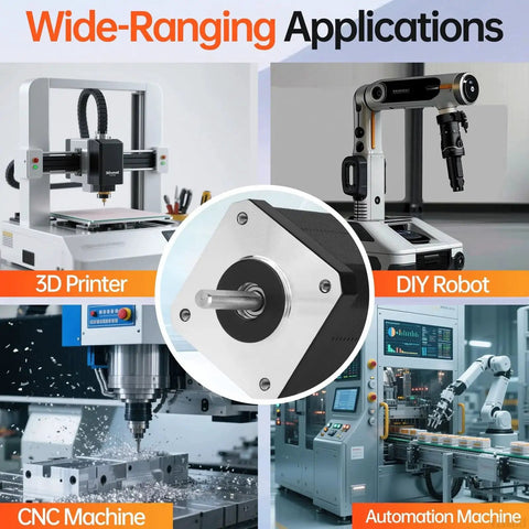 10 Pack Nema 17 Stepper Motors for DIY Makers and CNC Builders shown with 3D printer, DIY robot, CNC machine, and automation machine.