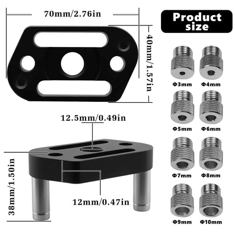 Self Centering Doweling Jig With Eight Size Drill Bushings For One Eighth To Three Eighth Inch Drill Bits, Go To Pro Handheld Drill Guide Block For Straight Holes, Woodworking And DIY Drill Bit Guide, 3D Printed Lightweight with dimensions shown.