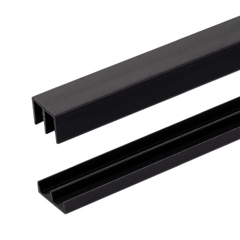 Four Foot Long Plastic Sliding Door Track Kit With Upper And Lower Tracks Super Easy Setup No Extra Hardware Needed Cut To Size For Quarter Inch Panels Black Finish Durable And Smooth Operation For Home Or Office.