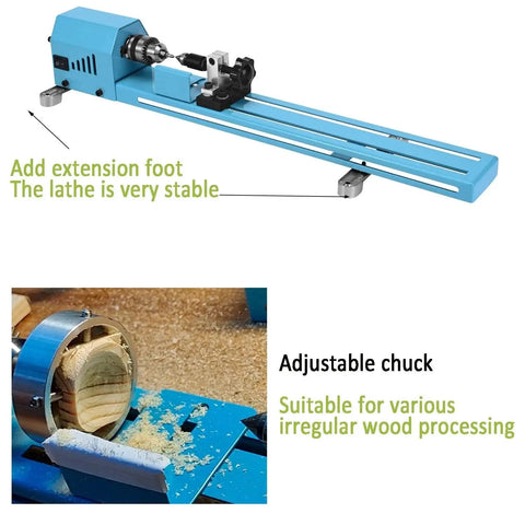 Mini Wood Lathe Machine Multi Purpose Upgraded And Lengthened Processing Diameter Two Inch Eleven Inch For Turning Cutting Sanding Polishing Wood With Pro Grade Customized Tool Accessories And Easy For Beginners In Home Workshop shown with extension foot for stability and adjustable chuck.