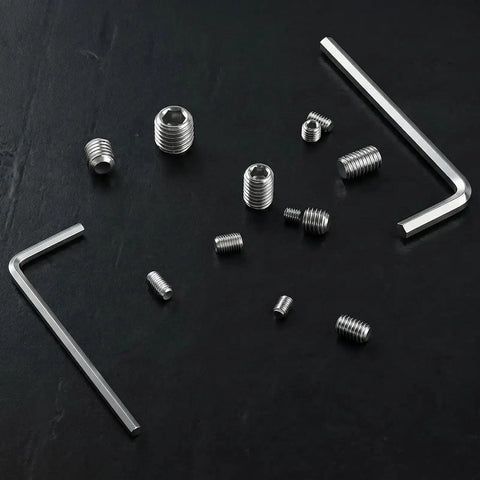Pro Grade 300 Pcs All In One Set Screw Kit M3 M4 M5 M6 M8 304 Stainless Steel Cup Point Screws For Bathroom Fixtures Door Handles Knobs Faucets Plumbing Includes Wrenches. Kit includes set screws and hex wrenches on a black background.