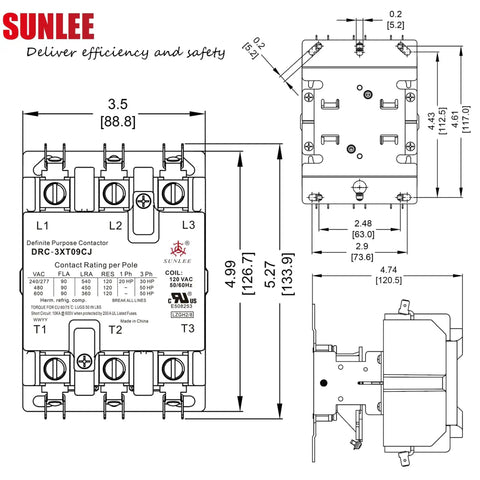 Technical diagram of Three Pole 90 Amp 120 Volt AC Contactor With Silver Cadmium Oxide Contacts And Class F Insulation A2L Compliant.