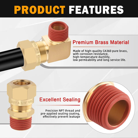 HASAOMOI brass 90° compression elbow fitting with red nut, 1/4" tube OD to 1/4" NPT for air brake line