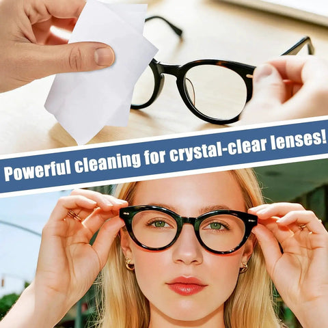 Using Lens Wipes For Eyeglasses Pre Moistened Scratch Free Cleaner on black-framed glasses, woman wearing glasses outdoors.