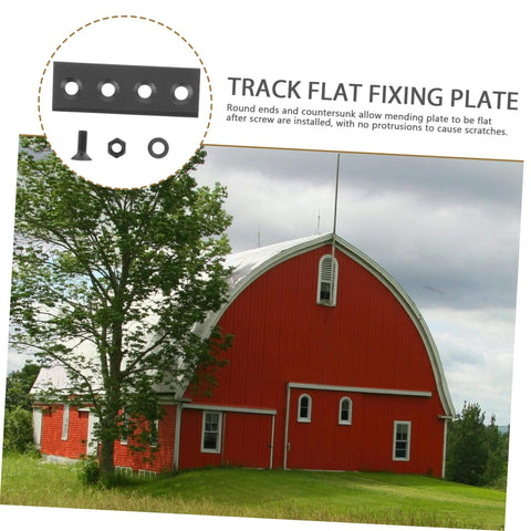 Image of a black metal barn door track connector plate with hex holes and screws, shown next to a large red barn.