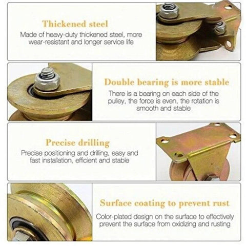 V Groove Wheel Sliding Door Pulley Set 8 Pack Rigid Caster showcasing features: thickened steel, double bearing, precise drilling, rust prevention.
