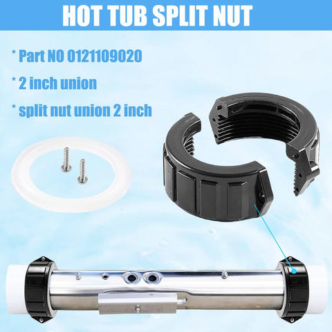 2-pack 2-inch spa hot tub heater split-nut unions with screws and gasket; black plastic, for Balboa Gecko heater assemblies.