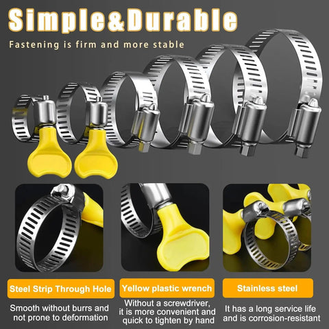 200-Piece 304 Stainless Steel Hose Clamp Kit With Thumb Screws 1/4 To 2 Inch 6-51mm Range Includes Yellow Plastic Wrench