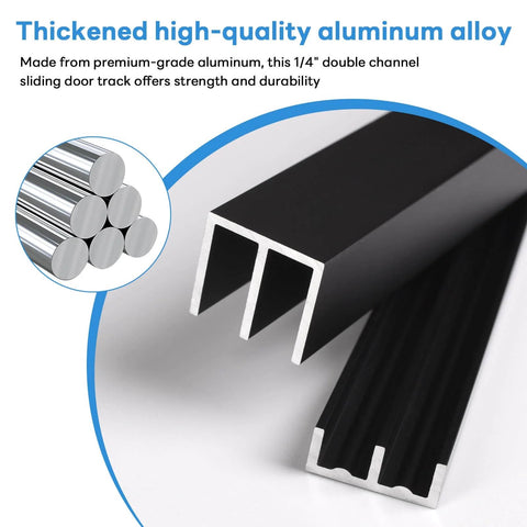 Close-up of a black 48-inch metal sliding door track kit made from premium aluminum for 1/4-inch glass panels.