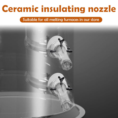Ceramic insulating nozzle assembly attached to a metal furnace, two nozzles with black clamps.
