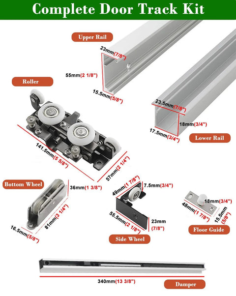 Complete kit for Hidden Sliding Mirrored Barn Door Hardware Kit With Soft Close Floor Guide Trackless Rail System components