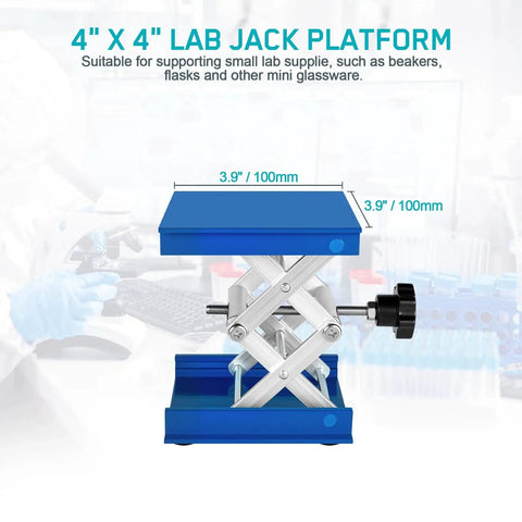 4x4in lab jack stand in aluminum, shown in use for holding lab glassware, labeled as suitable for small lab equipment.