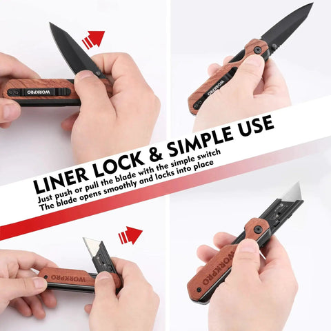 Multiple views of 2-In-1 Folding Utility Knife With Quick Change Blades Belt Clip Liner Lock showing open and closed modes.