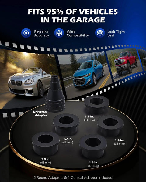 No Mess Vacuum Coolant Refill Kit For Radiators With Leak Detector Dual Gauge And Five Round Adapters Plus One Conical Adapter