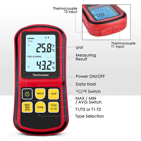 Red JuviPerpric digital K-type thermocouple thermometer with dual-channel input, two probes and two clamps