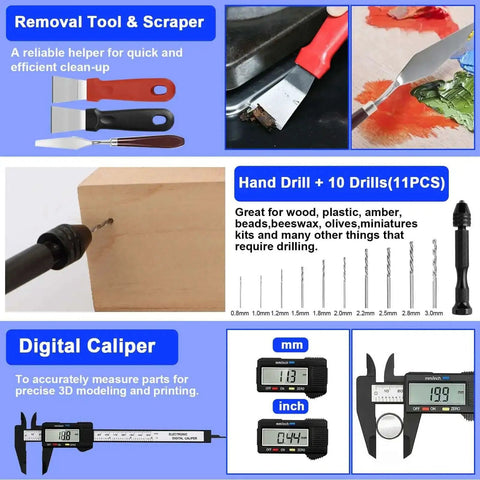 Image of Must Have 158 Piece 3D Printing Tool Kit with removal tools, scraper, hand drill set, and digital caliper for clean precise prints.