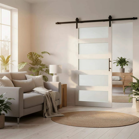 Frosted Glass Sliding Barn Door With Five Lite Panels Six Foot Hardware Kit And Handle Included Solid Wood Core Covered With Waterproof PVC Surface Sleek Modern Look And Easy Install For Bathroom And Kitchen installed in living room.