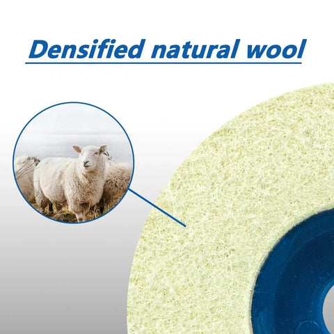Rugged 10 Pack 4.5 Inch Wool Felt Polishing Wheel Discs For 4-1/2 Inch Angle Grinders With 7/8 Inch Arbor And 8mm Thick Buffing Pads For Metal Marble Stone Furniture And Cars SALI showing close-up of densified natural wool material with sheep illustration.