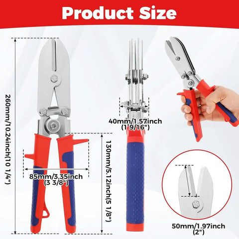 5 Blade Hand Crimper Workhorse for Gutter and Sheet Metal Projects with size dimensions, red and blue handle, and ergonomic design.
