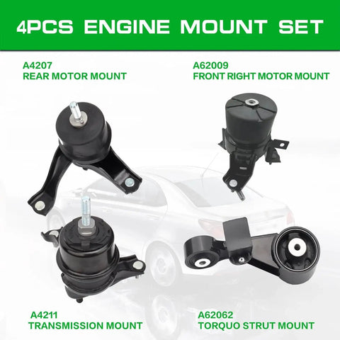Engine Mount And Transmission Mount Kit For 2010 2011 Toyota Camry 2.5L L4 Automatic Transmission Set Of Four High Quality OE Replacement Brackets That Cut Engine Vibration And Noise And Keep Your Ride Smooth And Durable with rear, front right, transmission, and torquo strut mounts visible.