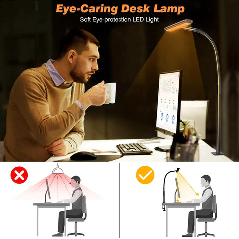 Man working at desk with Dimmable LED Desk Lamp With Flexible Gooseneck And Clamp For Office And Home in use