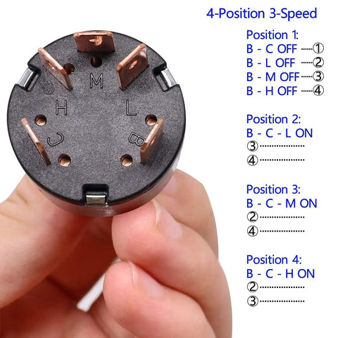 Close-up of 4 Position Rotary Switch For Fans And Heaters, showing connection terminals and positions, Speed Selector Dial F040.