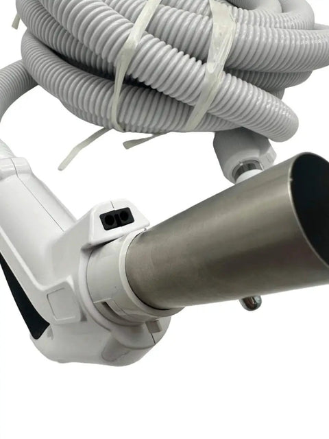 30 Ft Central Vacuum Hose With Pigtail And On Off Switch At The Handle Crushproof Design High Voltage, close-up of handle and hose connection