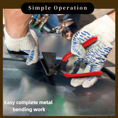 Three Piece Hand Seamer Sheet Metal Tool Set With Straight Jaw And 45 Degree And 90 Degree Jaws For Bending, Folding, And Flattening Metal, Ideal For Roofers, Plumbers, Pros And DIYers, Metalworkers, Jewelry Making in use on a metal sheet.