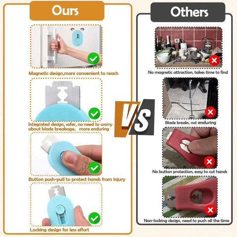 Comparison of Magnetic Bread Lame For Sourdough Scoring with competitor's design, highlighting magnetic holder and safety features.