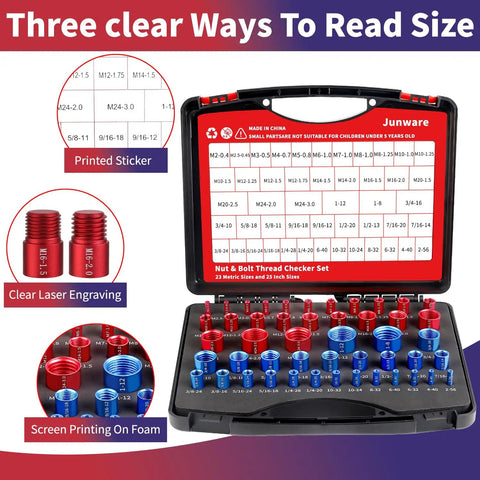 48 Piece Nut And Bolt Thread Checker Kit With Handy Tool Box for Comprehensive Bolt Size and Thread Gauge, showing storage box with labelled thread sizes.