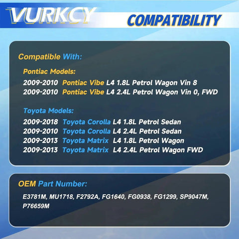 Compatibility chart for Toyota Fuel Pump Module Assembly Replacement for 2009-2018 Corolla, 2009-2013 Matrix, and 2009-2010 Pontiac Vibe