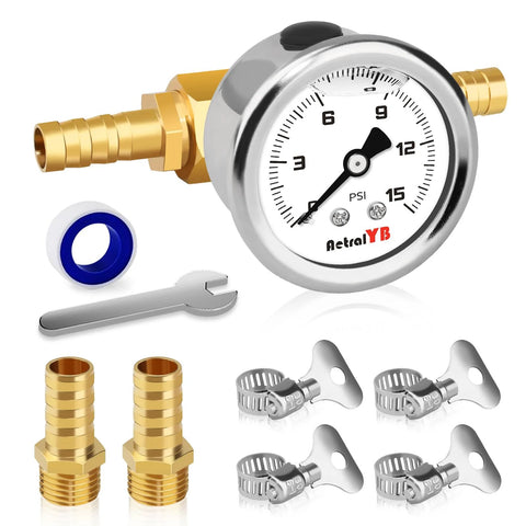 AetralYB fuel pressure test kit with glycerin-filled 1-1/2 in dial gauge, 1/8 in NPT, brass barbs, six hose clamps