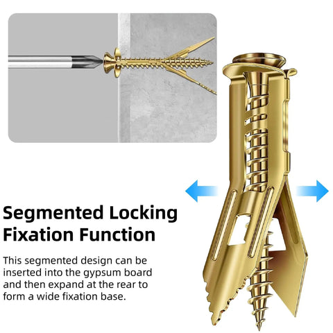 Close-up of segmented locking fixation function of 430 Piece Self Drilling Drywall Anchors And Screws Kit with expansion in gypsum board