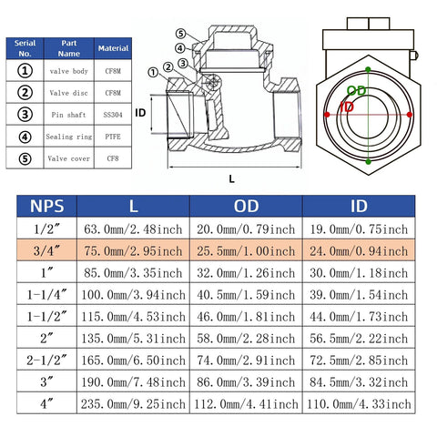 Amazon 3/4 in NPT stainless steel horizontal swing check valve (DN20), non-return counterflow valve for oil, water, gas, air